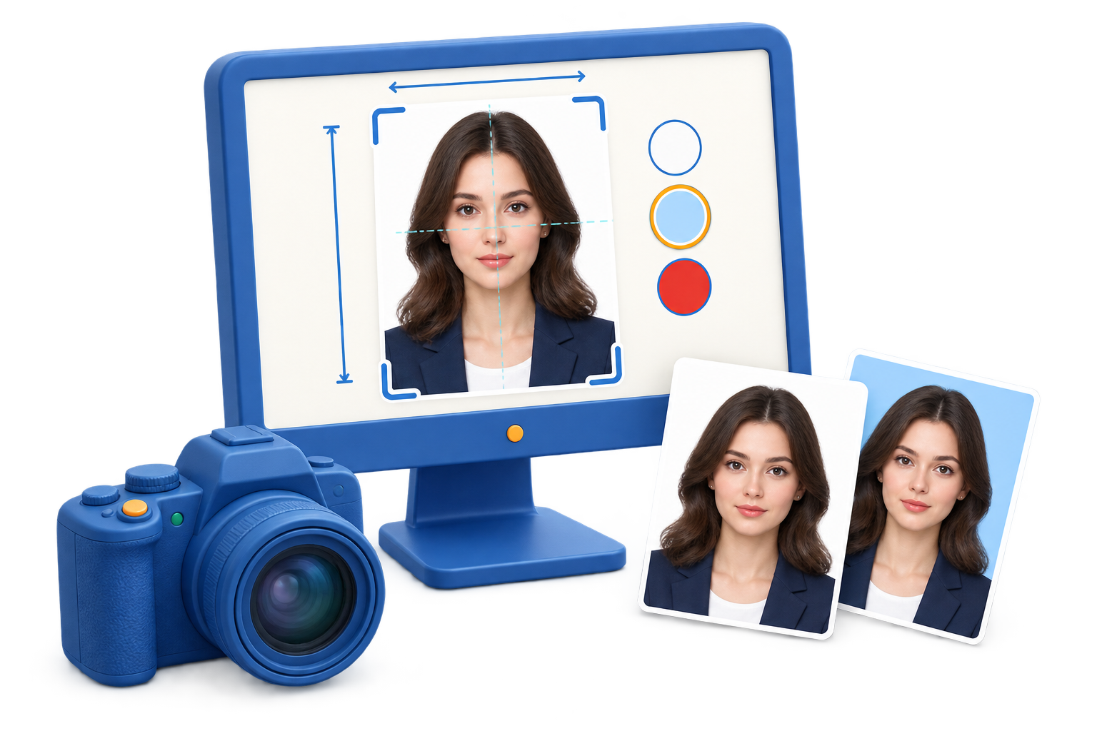 SnapID illustration showing portrait alignment, photo sizing, and white or blue background choices