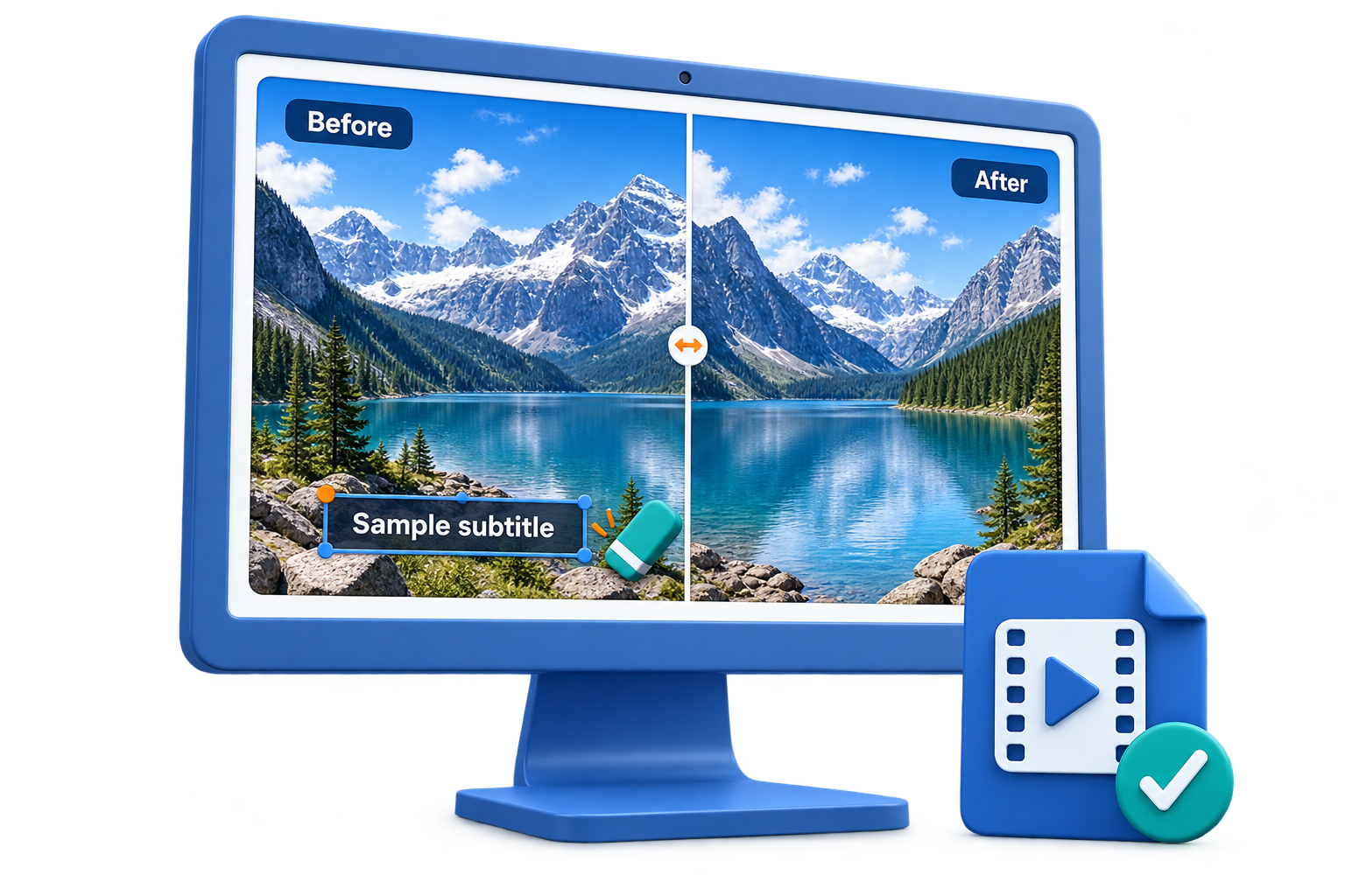 Matte blue 3D illustration comparing a video with burned-in subtitles and a cleaned video frame