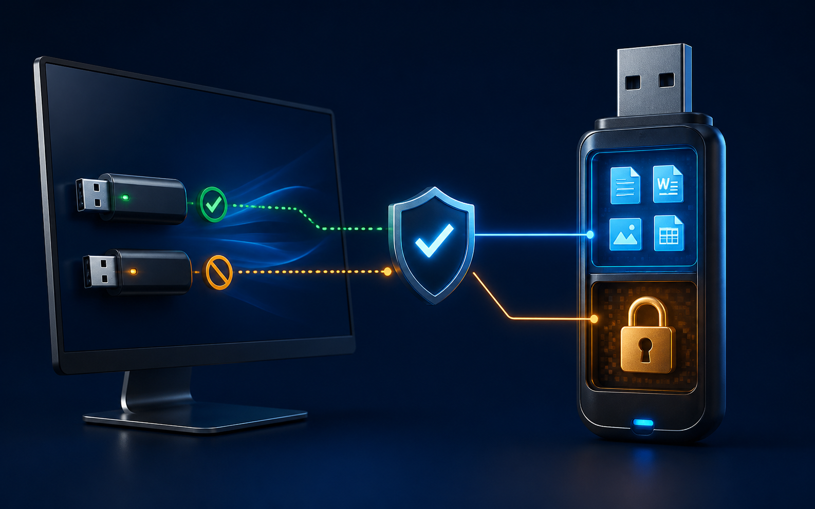 Approved and blocked USB devices on a Windows PC beside a USB drive with public and encrypted private storage areas