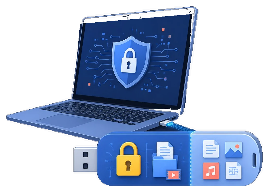 USB flash drive with separate encrypted private storage and public sharing areas