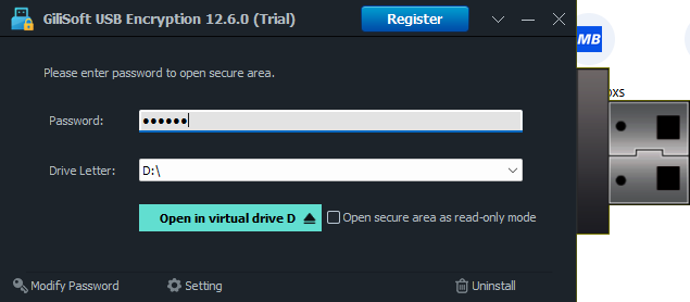 Enter the USB secure-area password and choose a virtual drive letter