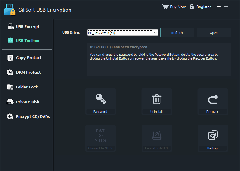 GiliSoft USB Encryption password backup recovery and uninstall toolbox