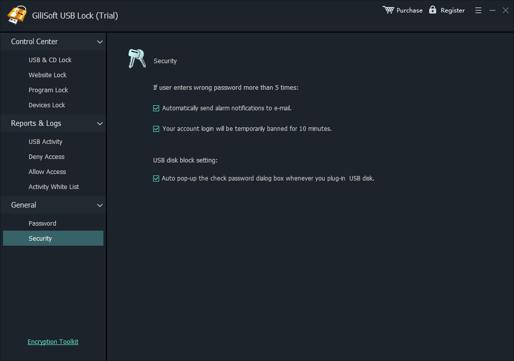 Configure USB Lock security and alarm settings
