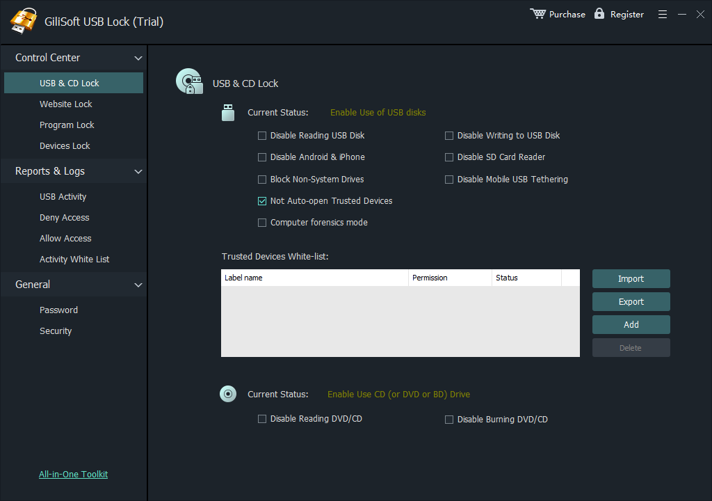 USB Lock USB and CD lock settings