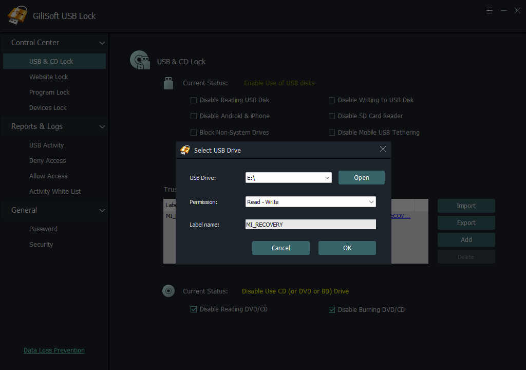 USB Lock trusted-device whitelist with Add, Import, and Export controls