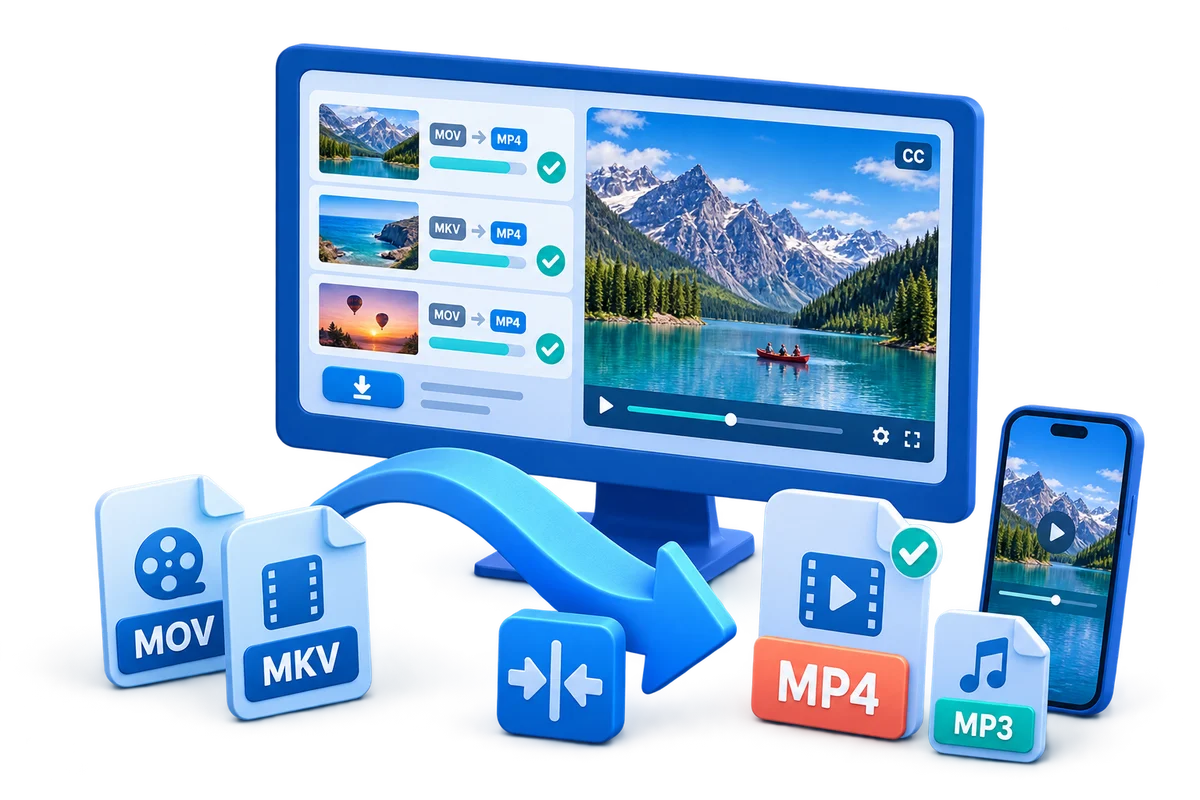 Blue 3D video converter illustration showing batch conversion, MP4 and MP3 output, compression, subtitles, downloading, and mobile playback