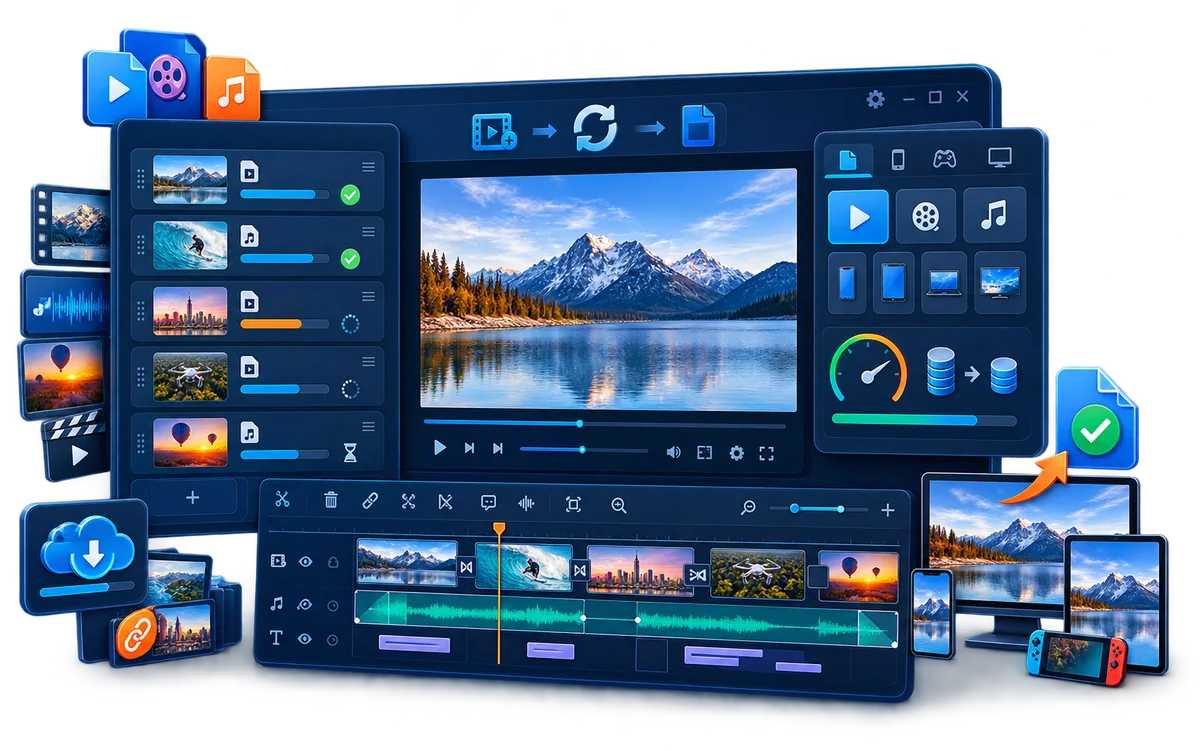 GiliSoft Video Converter workspace on Windows 11 with batch queue, preview, formats, audio, and device output
