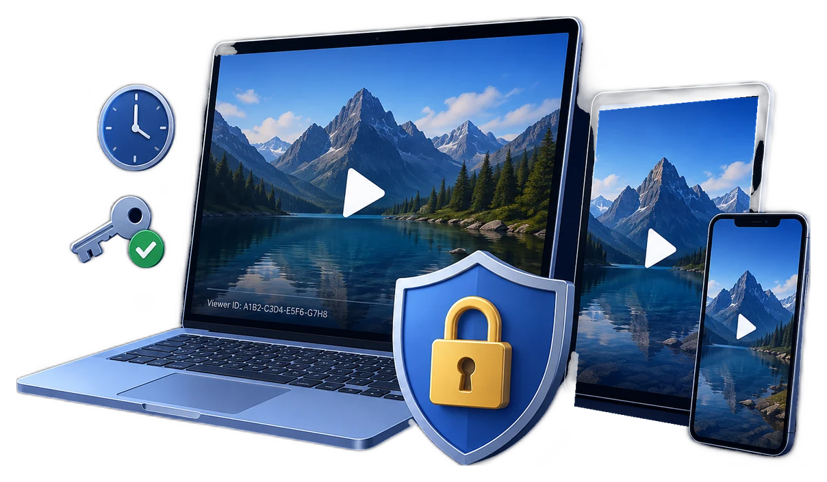 Video access control with identity, device binding, watermarking, and revocation