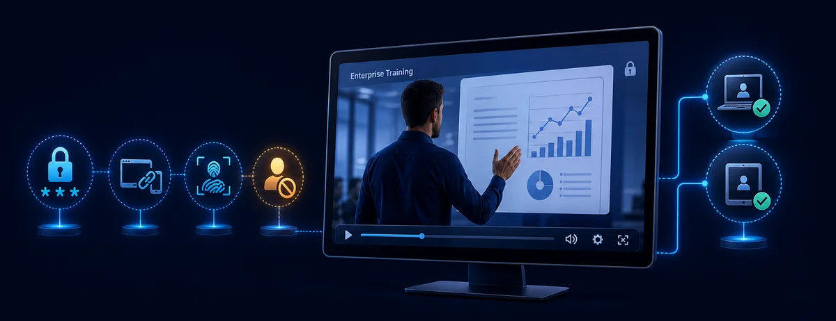 Protected e-learning video playback with password, device binding, watermarking, and blacklist control