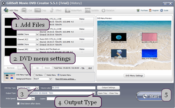 Earlier Movie DVD Creator interface illustrating a physical DVD recorder selected in Output Type