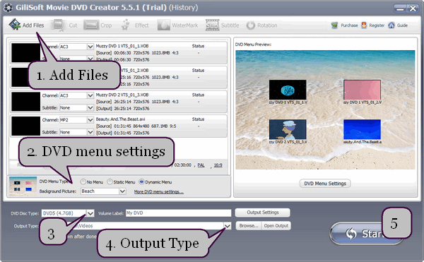 Earlier Movie DVD Creator interface illustrating Save as DVD Folder output and a destination path