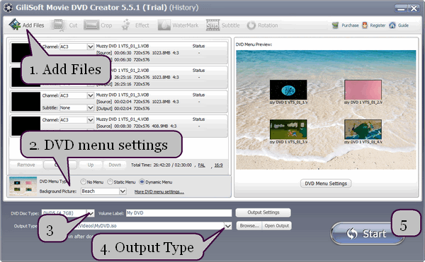 Earlier Movie DVD Creator interface illustrating ISO image output and a save path