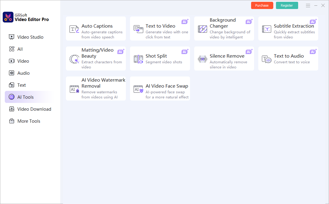 AI Tools workspace in GiliSoft Video Editor Pro