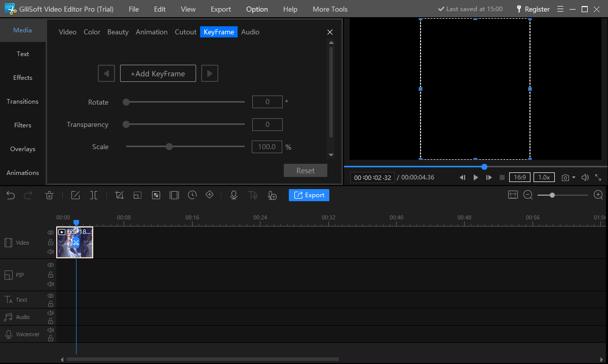 Keyframe controls in GiliSoft Video Editor Pro