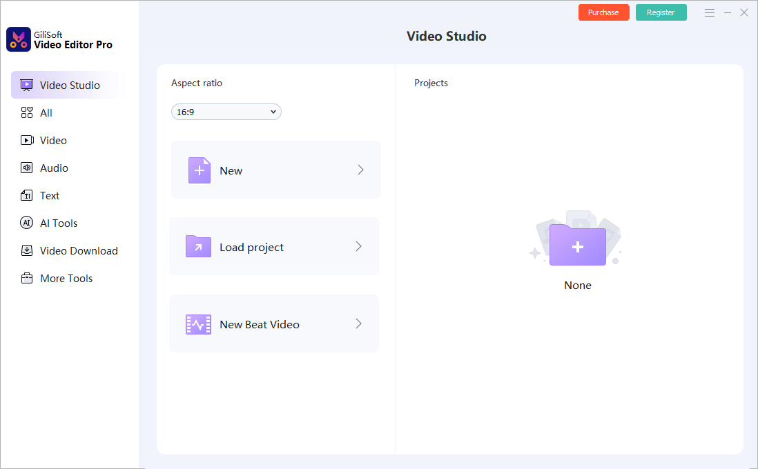 Video Studio screen for creating and loading Video Editor Pro projects