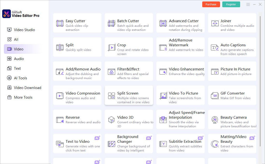GiliSoft Video Editor Pro video tools including Easy Cutter, Batch Cutter, Advanced Cutter, Joiner, and Split