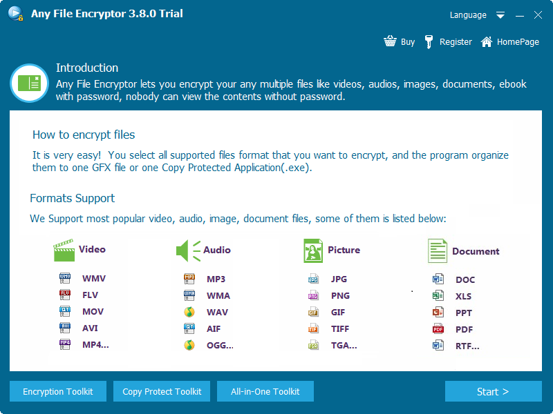Supported video audio picture document and ebook encryption formats