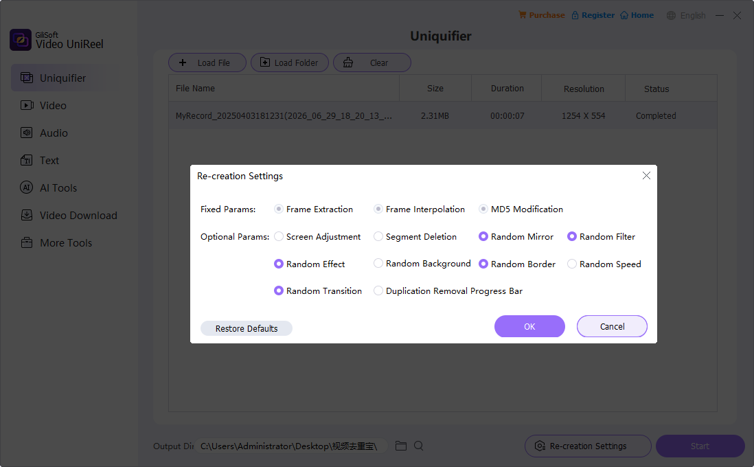Video UniReel parameter-based video uniquifier settings