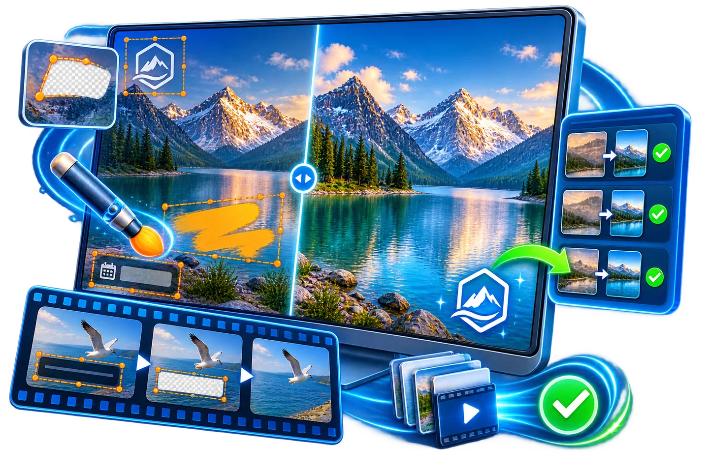 Transparent video watermark removal artwork showing before-and-after cleanup, selected watermark areas, and exported video frames