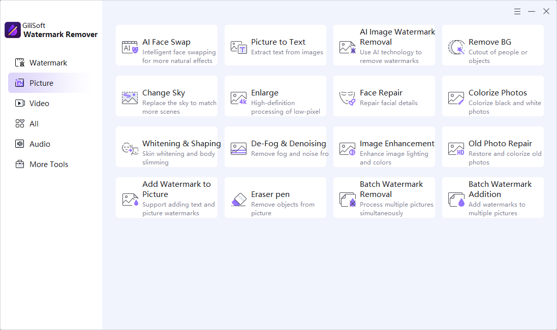 Picture tools available in GiliSoft Watermark Remover