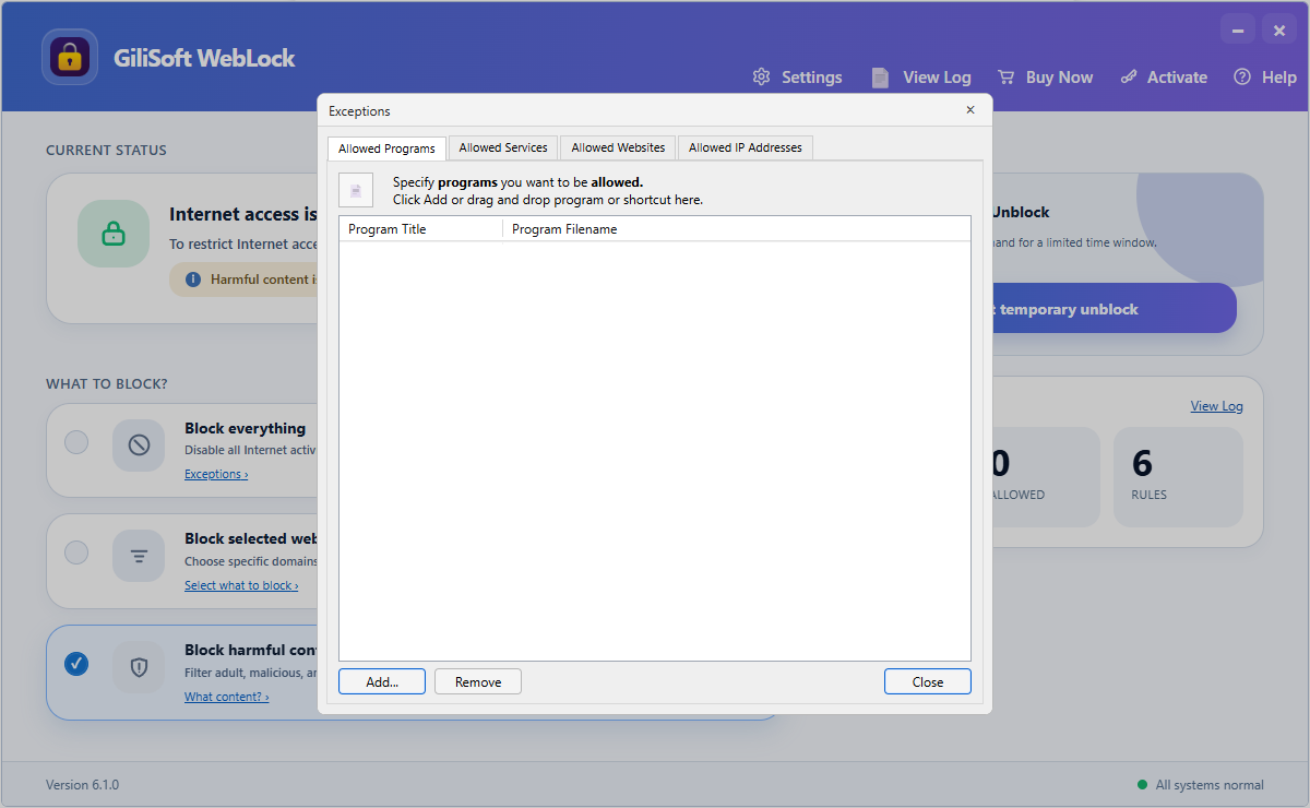 Approved Windows programs in GiliSoft WebLock