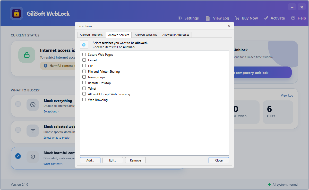 Allowed network services in GiliSoft WebLock