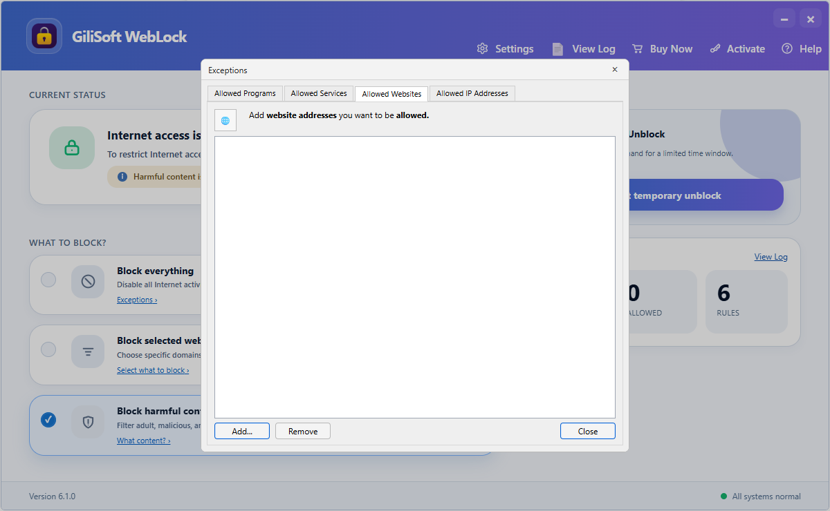 Approved websites in GiliSoft WebLock