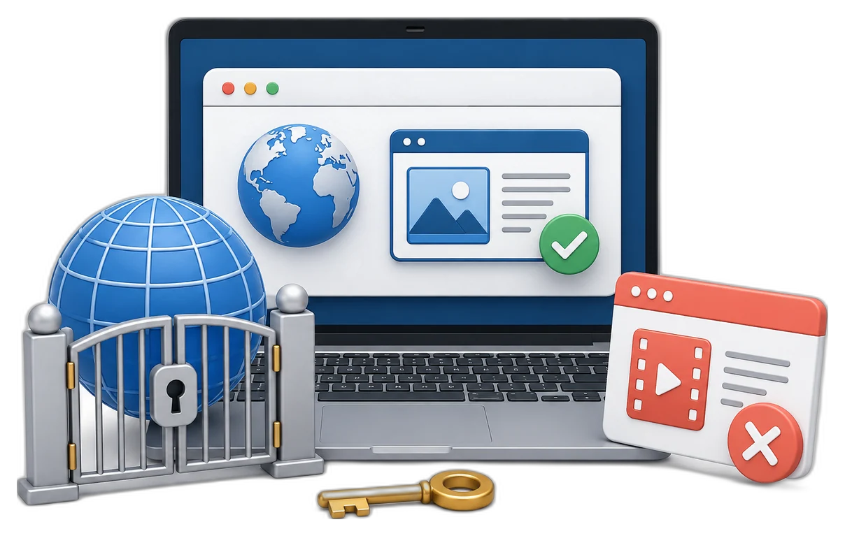Website access control with approved work sites, blocked entertainment and authorized unlock