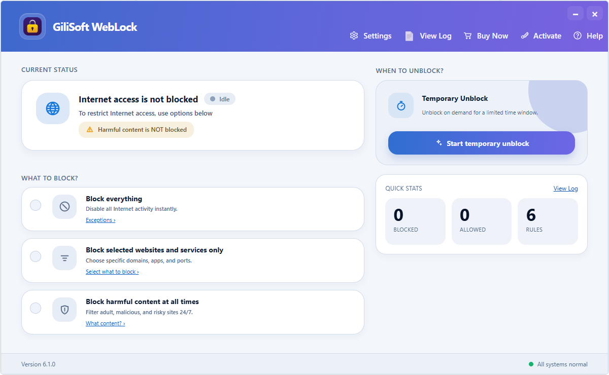 Choose an internet access policy in GiliSoft WebLock