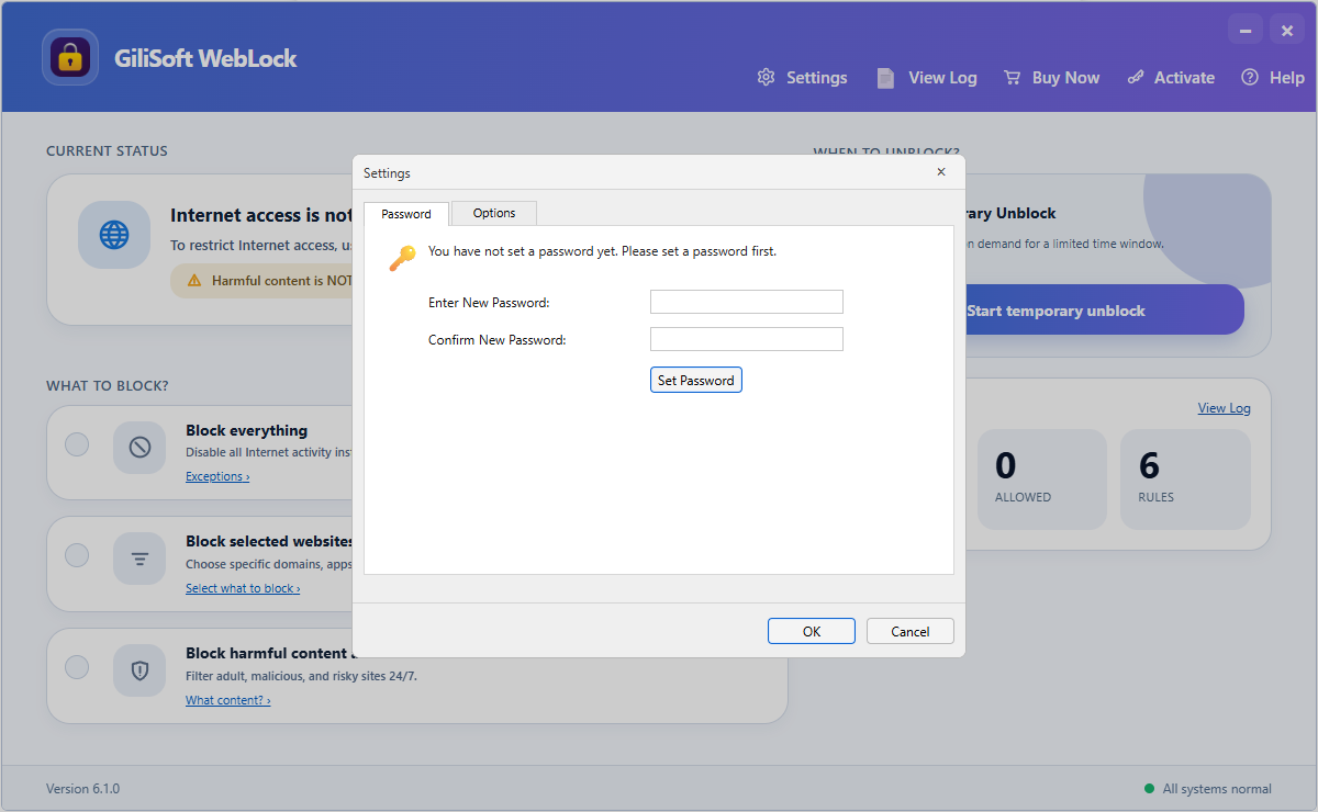 GiliSoft WebLock password settings