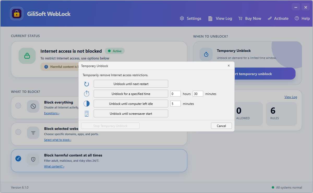 Temporary Unlock settings in GiliSoft WebLock
