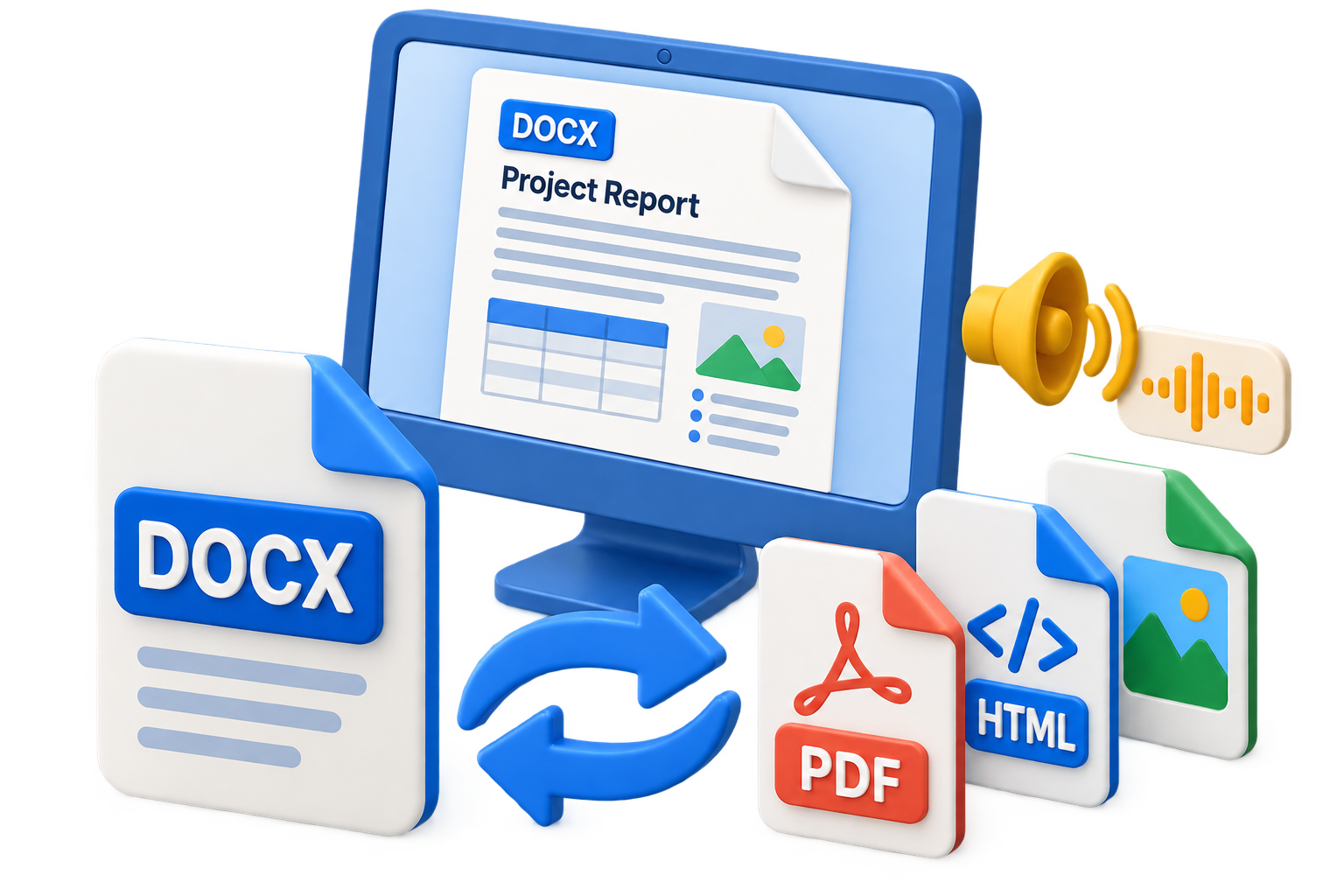 GiliSoft Word Converter illustration showing DOCX conversion with PDF, HTML, image, and audio output